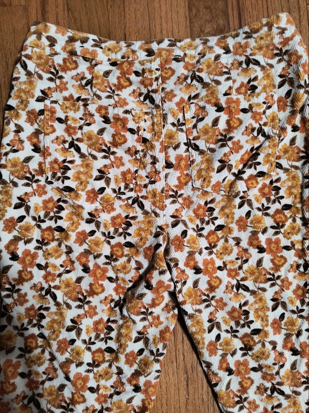 Versona Bell Bottoms, Corduroy Flare Leg Pants, Women's 8, Brown/Orange Floral - Picture 14 of 16
